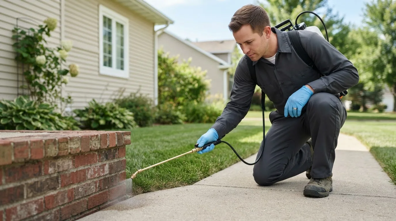 Pest control technician treating a home near Racine, MO