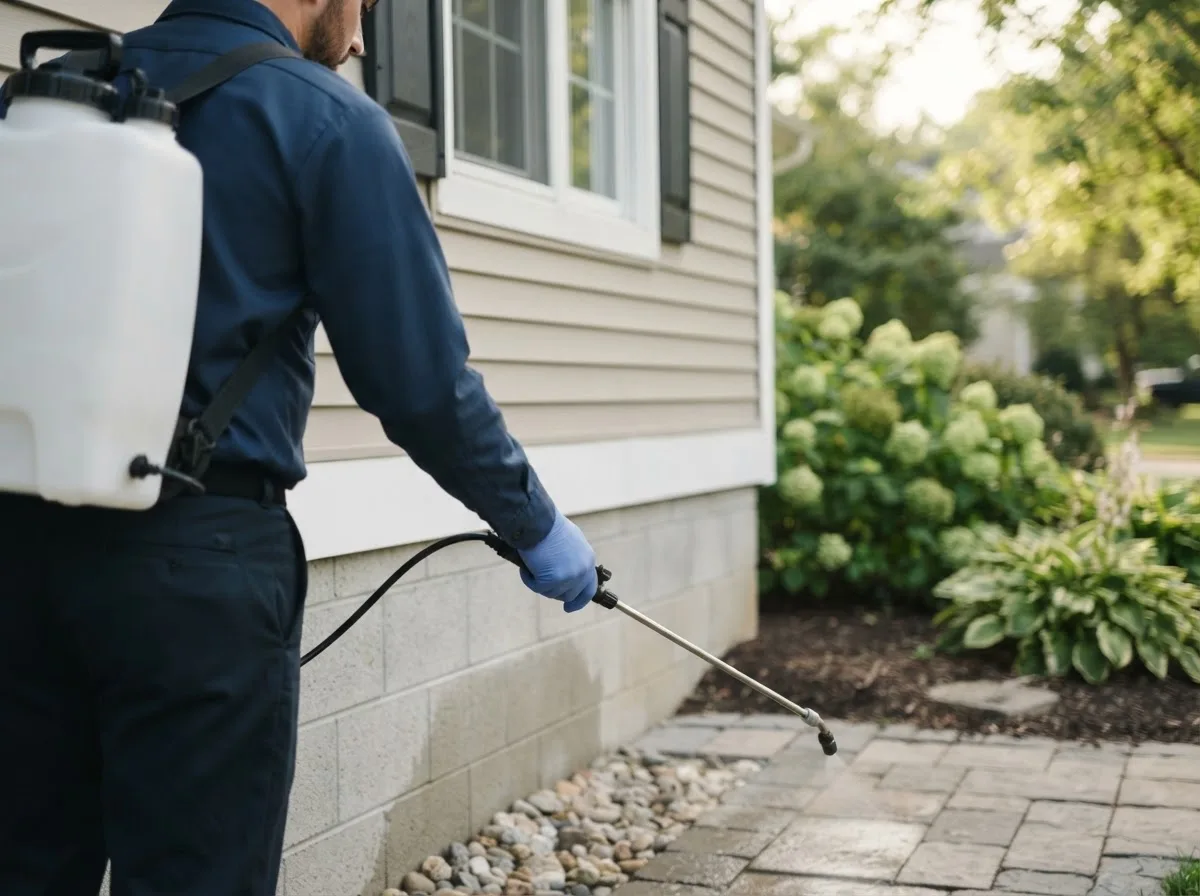 Pest control technician inspecting a home in Racine, MO